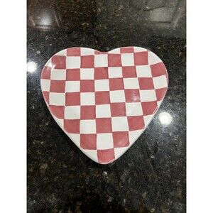 4~Mesa International Heart Shaped Plates Dish Set Red White Checkered Valentines